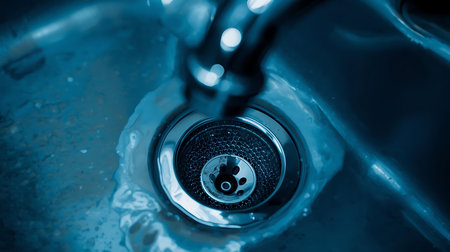 Faucet and sink in blue tone. Selective focus.の素材