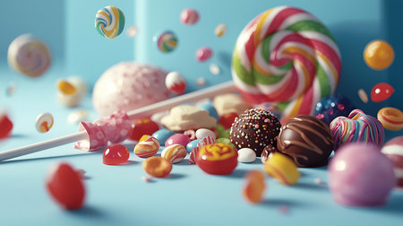 Colorful candies and lollipops on blue background. 3d renderingの素材