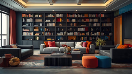 interior of modern living room with bookshelf and sofa 3D renderingの素材