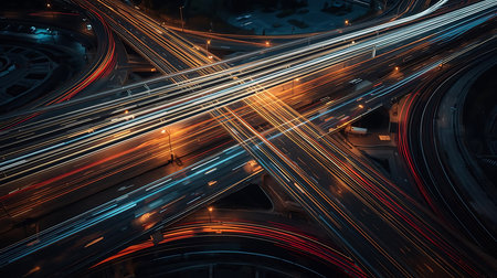 Aerial view of the highway at night with light trails on the roadの素材