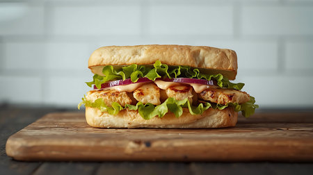 chicken burger on a wooden board on a white brick wall backgroundの素材