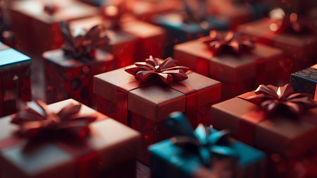 Gift boxes with ribbons on red background. 3d renderingの素材