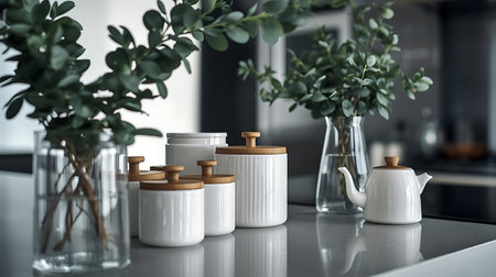 Ceramic salt and pepper shakers on kitchen countertop.の素材