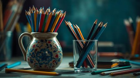 Close-up of colorful pencils in glass vase on tableの素材