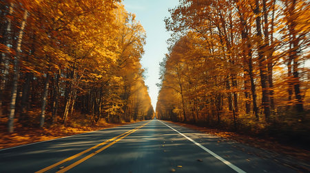 Road in the autumn forest. Autumn landscape with asphalt road and treesの素材