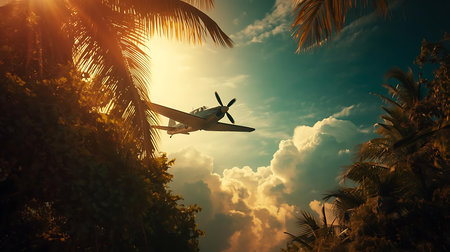 Airplane flying over palm trees. 3d render toned imageの素材
