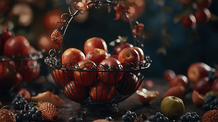Ripe red apples in a metal bowl on a dark background.の素材