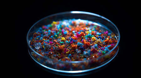 Colorful crystals in petri dish on black background. Macro shotの素材