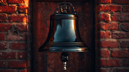 Vintage black bell hanging on a brick wall in a dark roomの素材