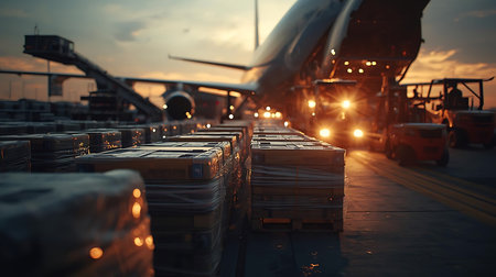Airport terminal, loading and unloading of cargo at sunset.の素材