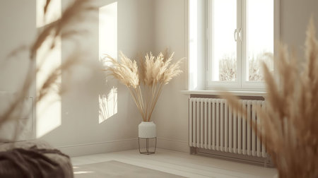 White living room interior with pampas grass in vase. 3d renderingの素材
