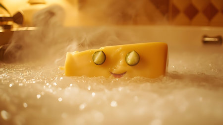 Funny Emoji face on a piece of cheese in the bathtubの素材