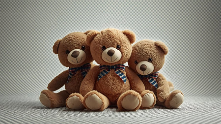 Three teddy bears on a gray background. Toned image.の素材