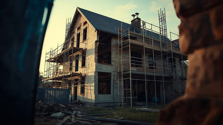 House under construction with scaffolding. Low angle view. Blurred background.の素材