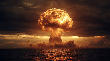 Big mushroom cloud explosion in the sea at sunset. 3d illustrationの素材