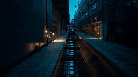 A long corridor in the center of a city at night. Long exposureの素材