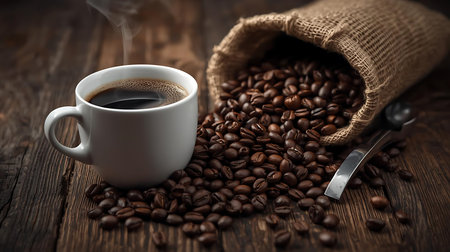 Coffee beans and a cup of coffee on wooden background.の素材