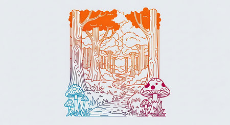 Fantasy landscape with trees and mushrooms. Hand drawn vector illustration.の素材