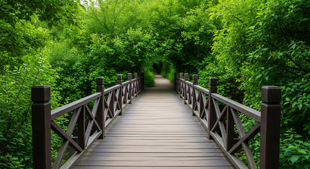 Wooden bridge in the green forest. Nature composition with wooden bridge.の素材