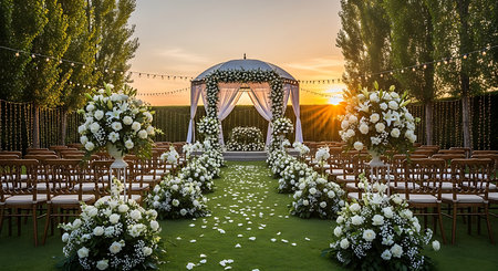 Wedding arch decorated with white flowers and greenery at sunsetの素材