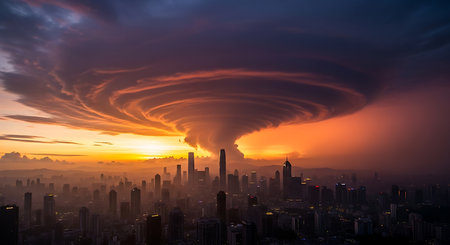 Aerial view of thunderstorm over the city at sunset, Taipei, Taiwanの素材