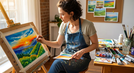 Young female artist painting picture on easel in her studio at home.の素材
