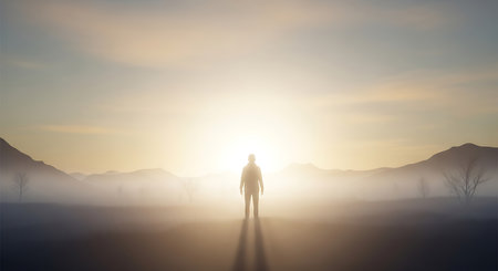 Silhouette of a man in the middle of a misty landscapeの素材