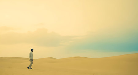 Businessman walking in the desert with sand dunes and sky backgroundの素材