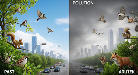 Urban landscape with birds flying around the city. 3D illustration.の素材