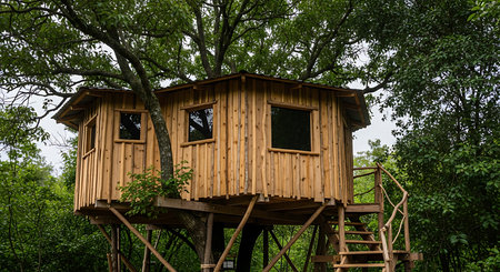 Wooden observation tower in the forest, top view, close-upの素材