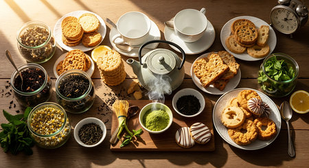 Tea set with various kinds of tea on wooden table, top viewの素材