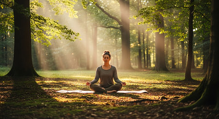 Young woman practicing yoga in the forest at sunrise. Healthy lifestyle concept.の素材