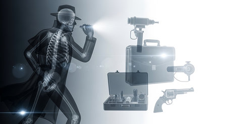 Digital composite of skeleton with gun and tools against white background with vignetteの素材