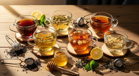 Various kinds of tea with lemon, mint and honey on a wooden tableの素材