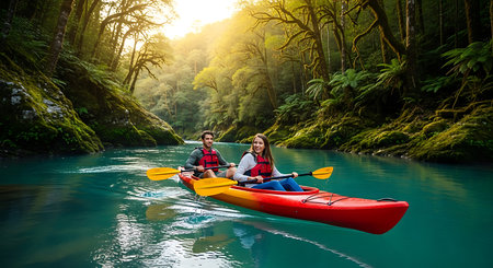Young couple kayaking in the forest on a sunny day. Active lifestyle.の素材