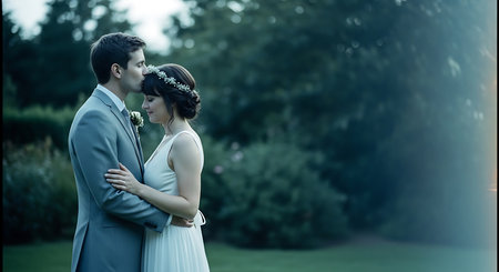 Beautiful bride and groom on their wedding day. Bridegroom and bridegroom embracing in the park.の素材