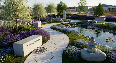 3D CG rendering of flower garden with stone path. 3D CG rendering.の素材