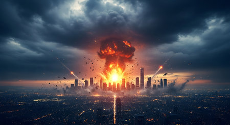 Conceptual image of nuclear explosion with cityscape on the backgroundの素材
