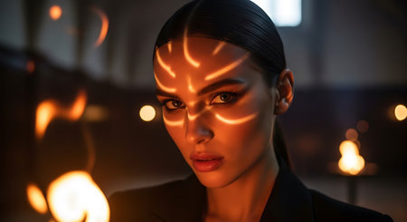 Fashion portrait of a beautiful woman in a black suit. Portrait of a beautiful woman in a dark room with fire.の素材