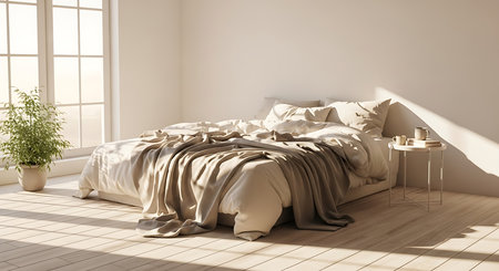 interior of modern bedroom with white walls and wooden floor, 3d renderの素材