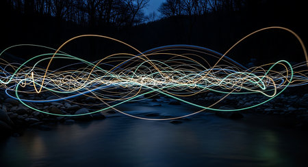Long exposure of colorful light trails on the river at night, long exposureの素材