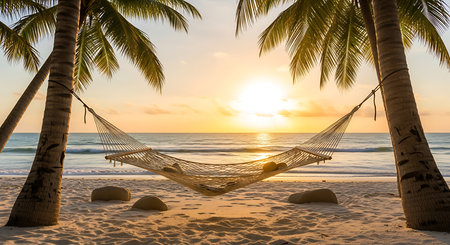 Hammock on the beach with palm tree at beautiful sunset - Holiday Vacation conceptの素材