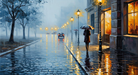 Woman walking in the rain with umbrella on the street at night.の素材