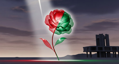 3d rendering of a red and green flower in front of a buildingの素材