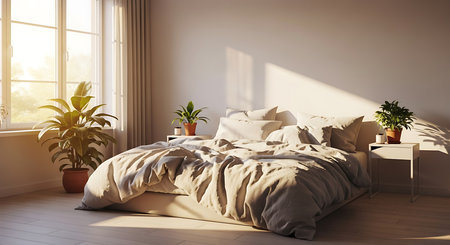 Modern bedroom interior design with a large window. 3d render.の素材