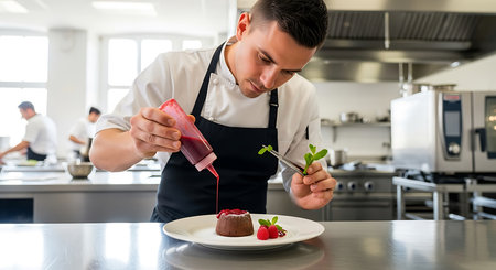 Chef decorating a chocolate cake with strawberries in a restaurant kitchenの素材