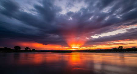 Beautiful sunset on the river with dramatic sky and cloud background.の素材