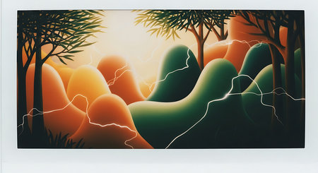 Futuristic landscape with mountains, trees, sun and clouds. Vector illustration.の素材