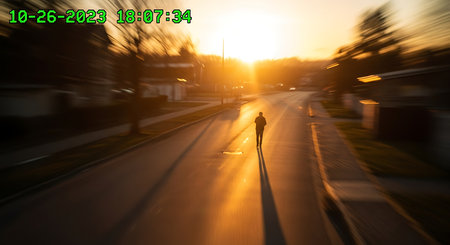 Man running on the road at sunset. Blurred motion effect.の素材