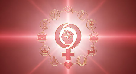 Digital composite of Education icons against red background with light and red backgroundの素材